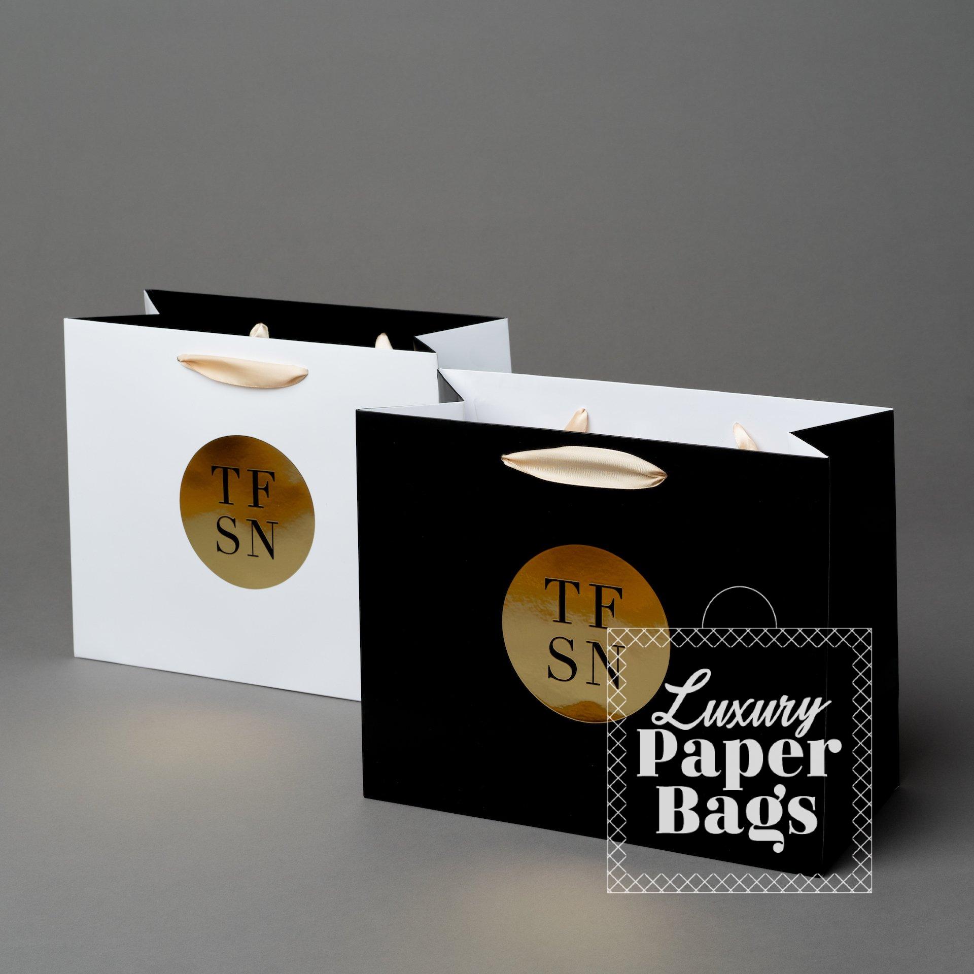 printed paper bag with ribbon handle